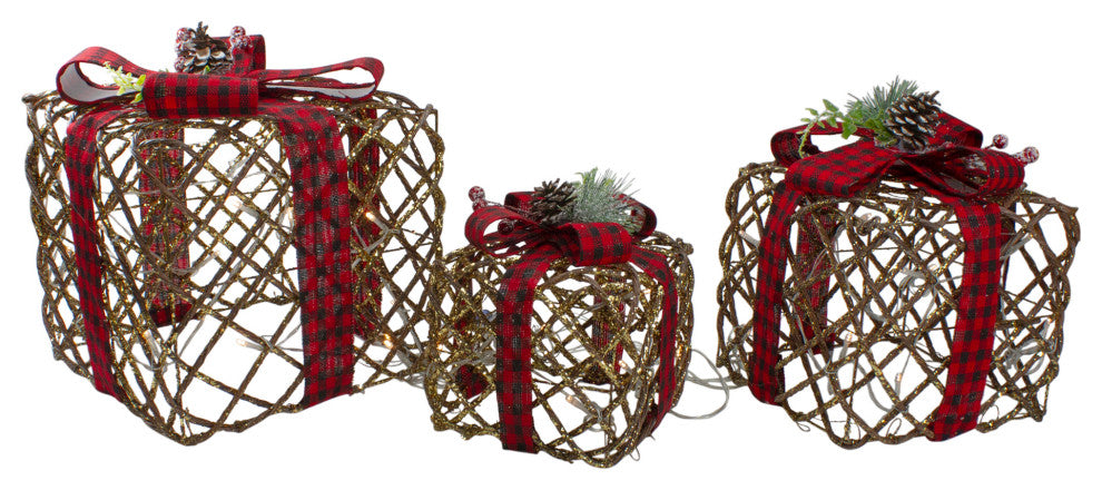 3-Piece LED Rustic Rattan Christmas Gift Boxes With Pinecones