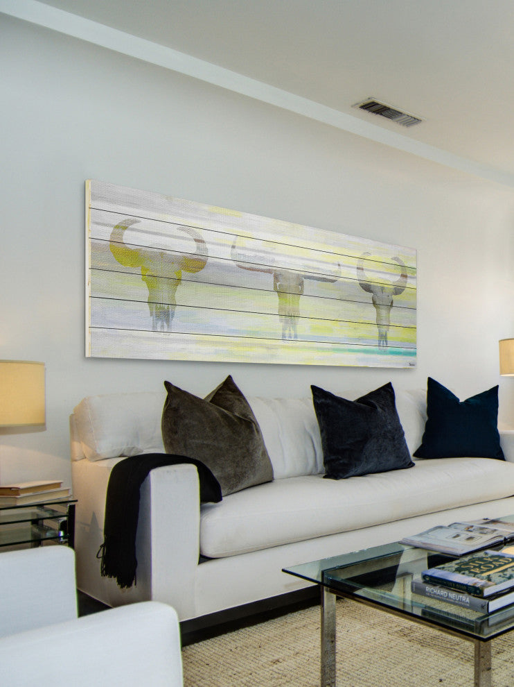 "Three Skulls" Print on White Wood, 60"x20"