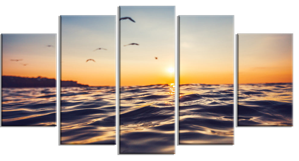 "Orange Tinged Sea Waters At Sunrise" Beach Canvas Wall Art, 5 Panels, 60"x32"