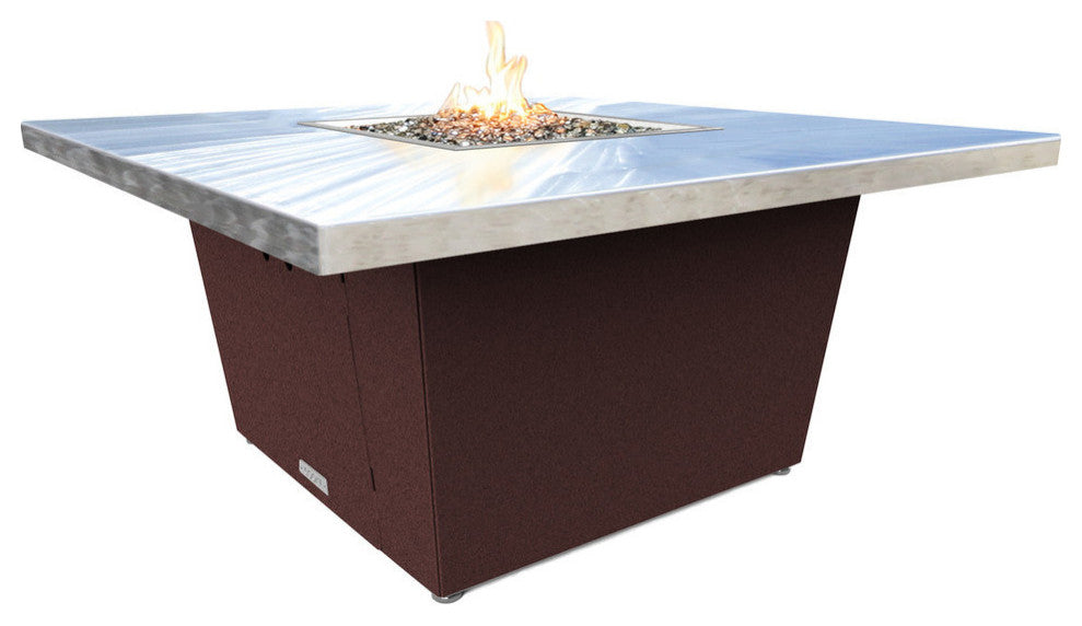Square Fire Pit Table, 44x44, Chat Height, Propane, Brushed Aluminum Top, Dark Cherry