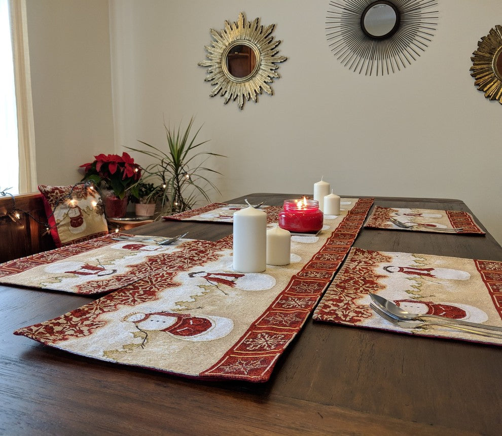 Mr. and Mrs. Snowman Couple Woven Tapestry Table Runner, 13"x90"