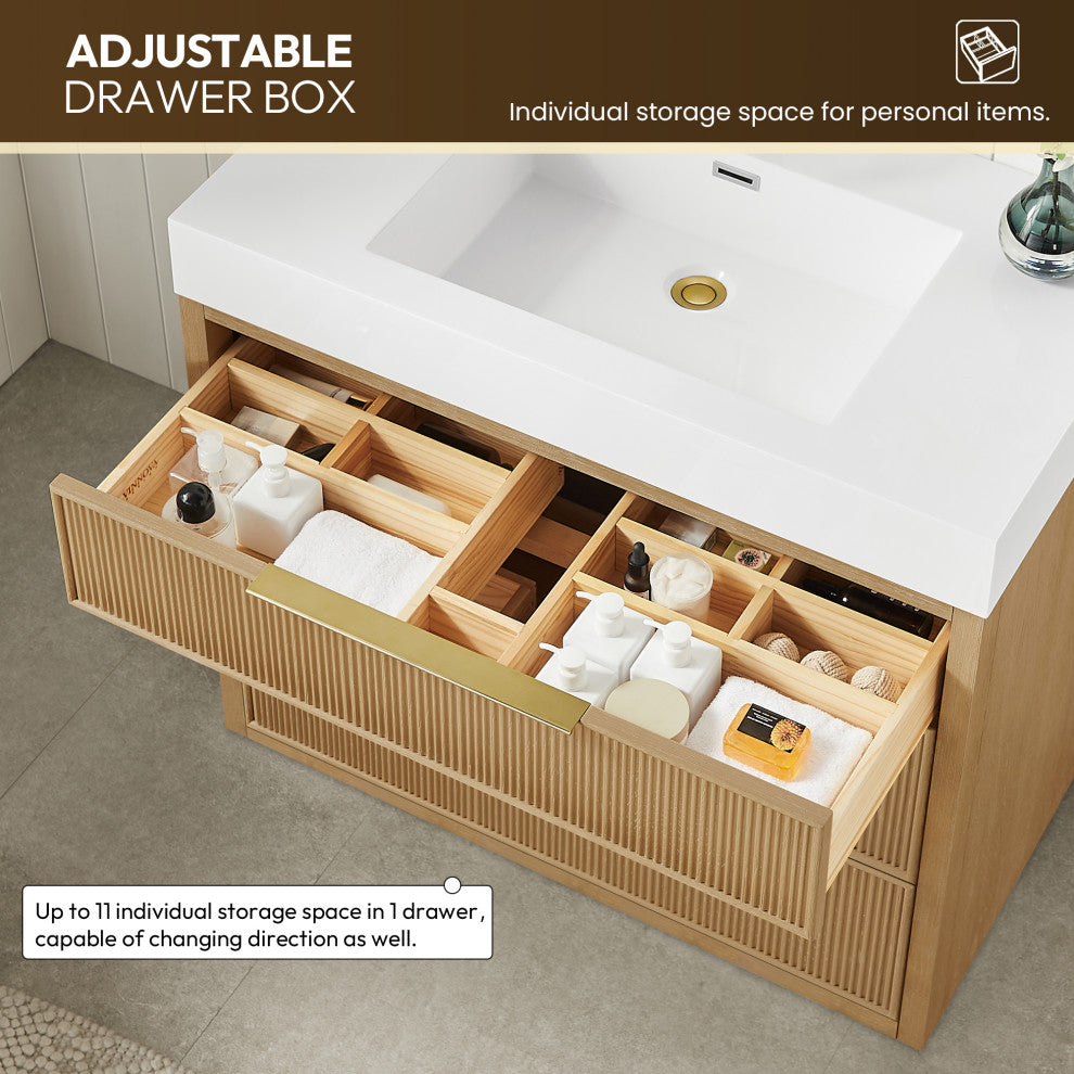 Hohhot Bath Vanity, Stone Sink Top No Mirror, Washed Ash Gray, 36", Single Vanity