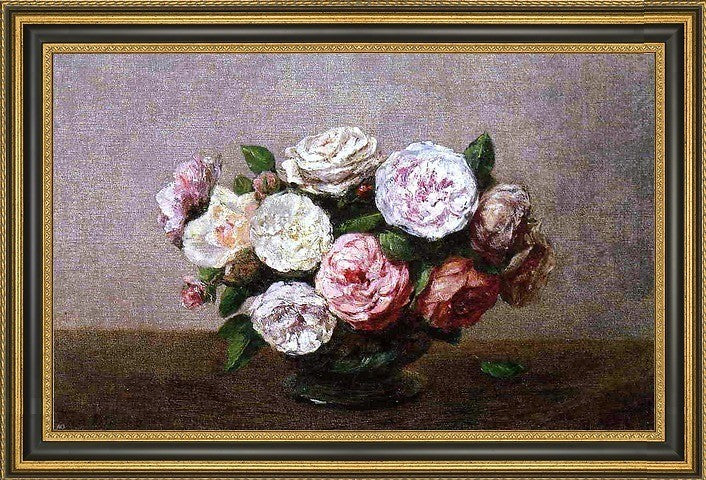 Henri FantinLatour Bowl of Roses Framed Premium Canvas Print, 16"x24"