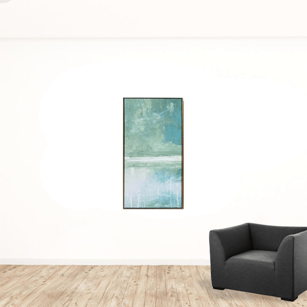 Set of Three Blue Green Abstract Water With Gold Floater Frame Painting Wall Art