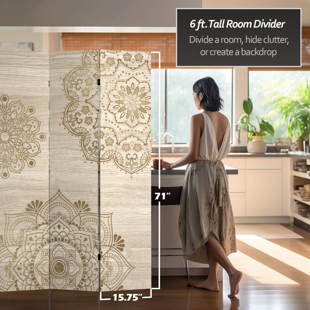 6' Tall Double Sided Mandala on Oak Canvas Room Divider