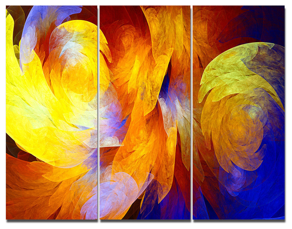 Yellow Fractal Abstract Pattern, Abstract Art on Canvas, 36x28, 3 Panels