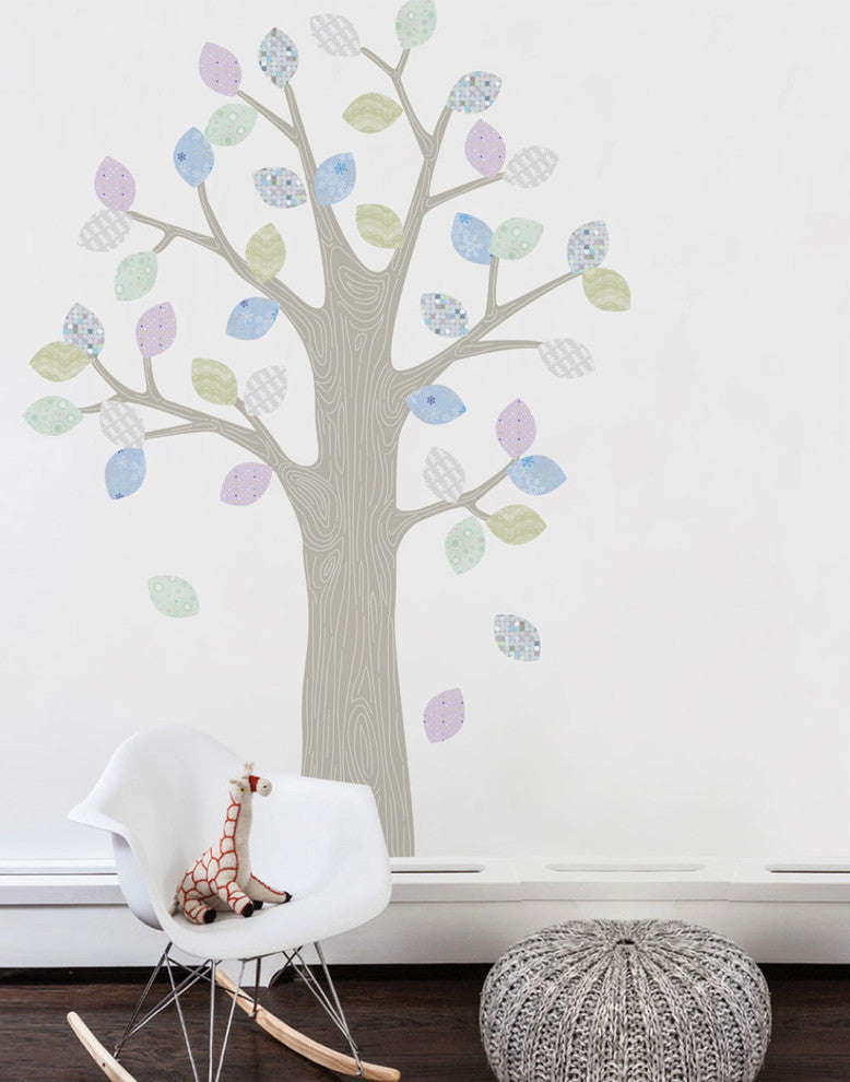 Pattern Tree With Leaves Vinyl Wall Sticker, Winter-Grey