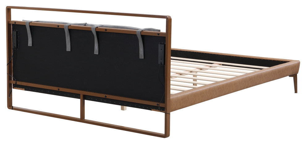 GDF Studio PU Leather Upholstered Platform Bed With LED Lights, Brown/Gray, Full