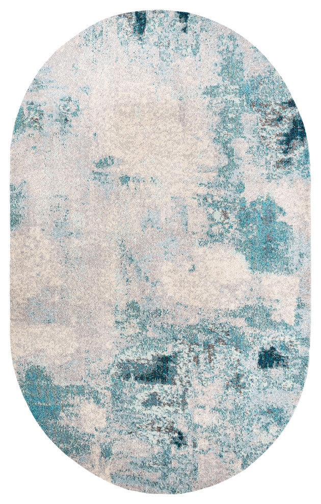 Contemporary POP Modern Abstract Vintage Area Rug, Cream and Blue, 5x8 Oval
