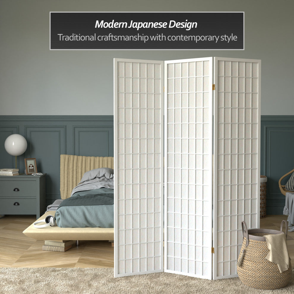 6' Tall Window Pane Shoji Screen, White, 3 Panels