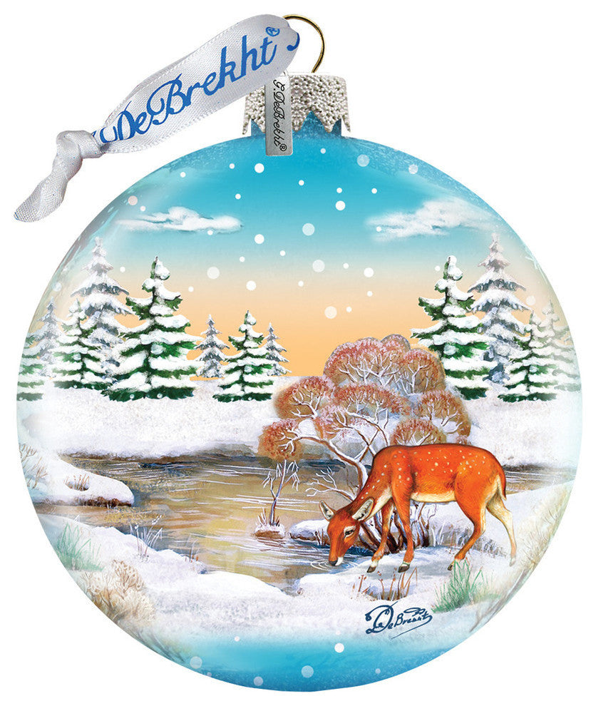 Hand Painted Scenic Glass Ornament Winter Reindeer Ball