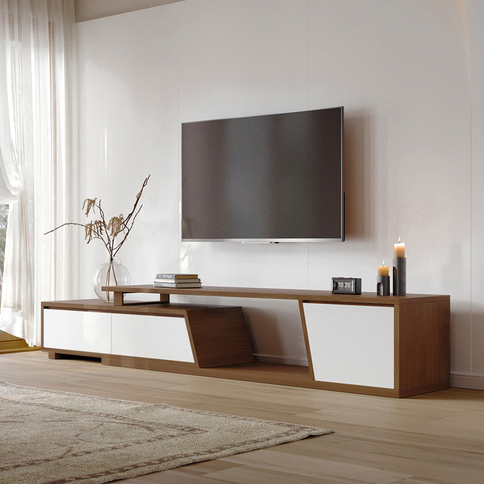 Fero Minimalist Walnut Rectangle Extendable TV Stand With 3 Drawers Up to 120", White/Walnut