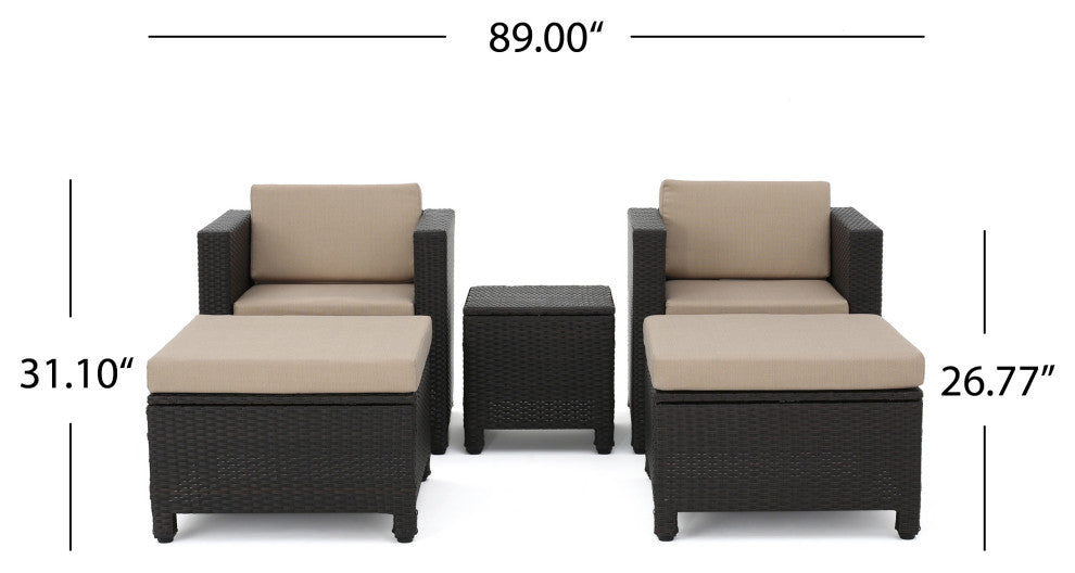 GDF Studio 5-Piece Venice Outdoor Wicker Chat Set With Water Resistant Cushions, Beige