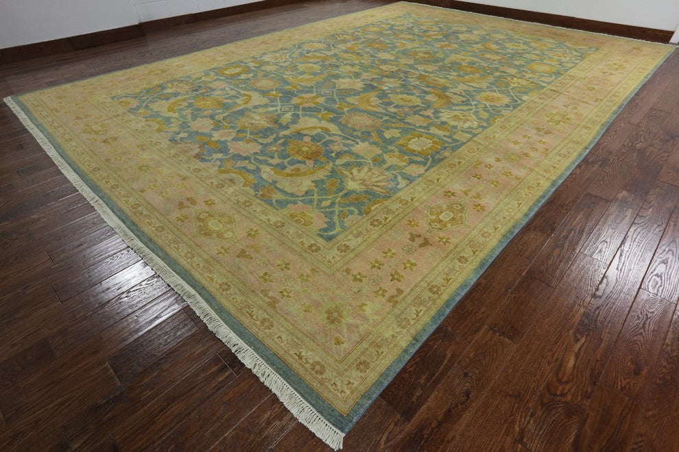 Traditional Chobi Peshawar Oriental 13x18 Blue/Pink Hand Knotted Wool Rug H9376