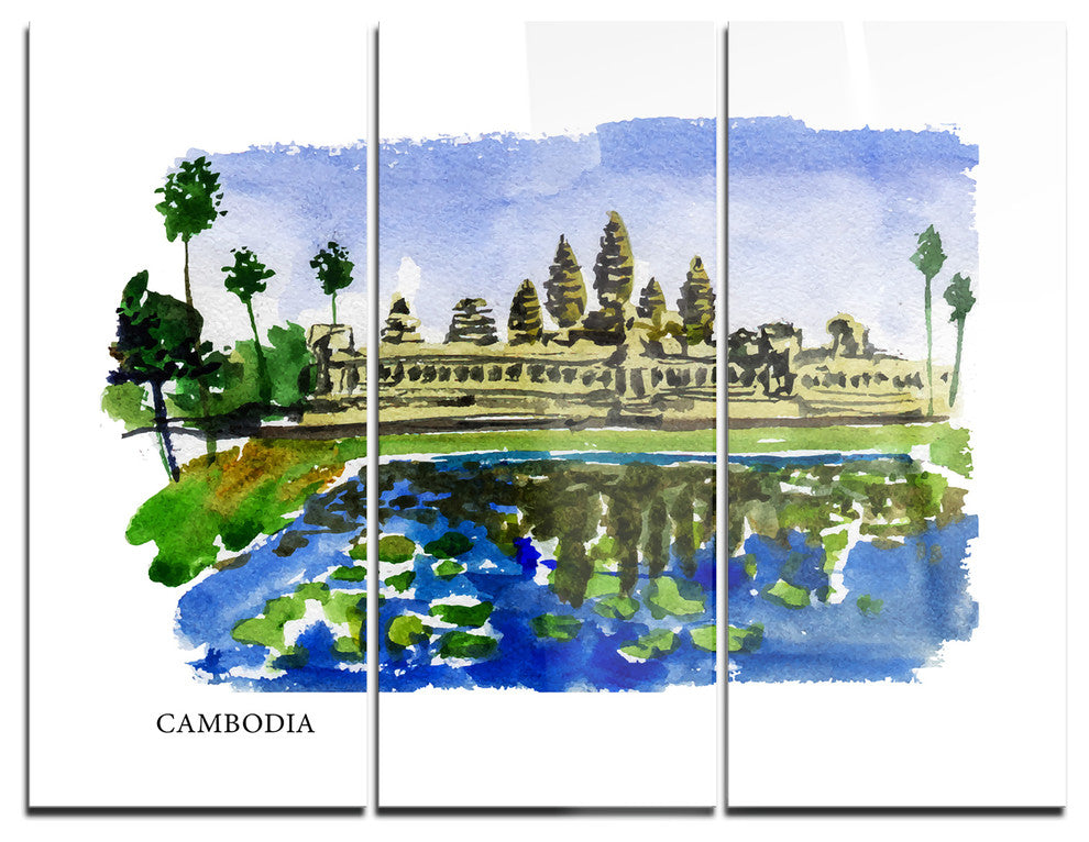 "Cambodia Vector Illustration" Painting Metal Wall Art, 3 Panels, 36"x28"