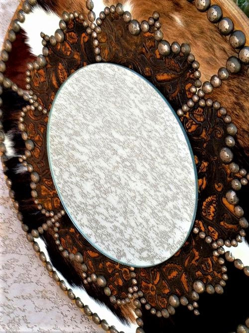 Cowhide and Leather Decorative Western Mirror, 24"