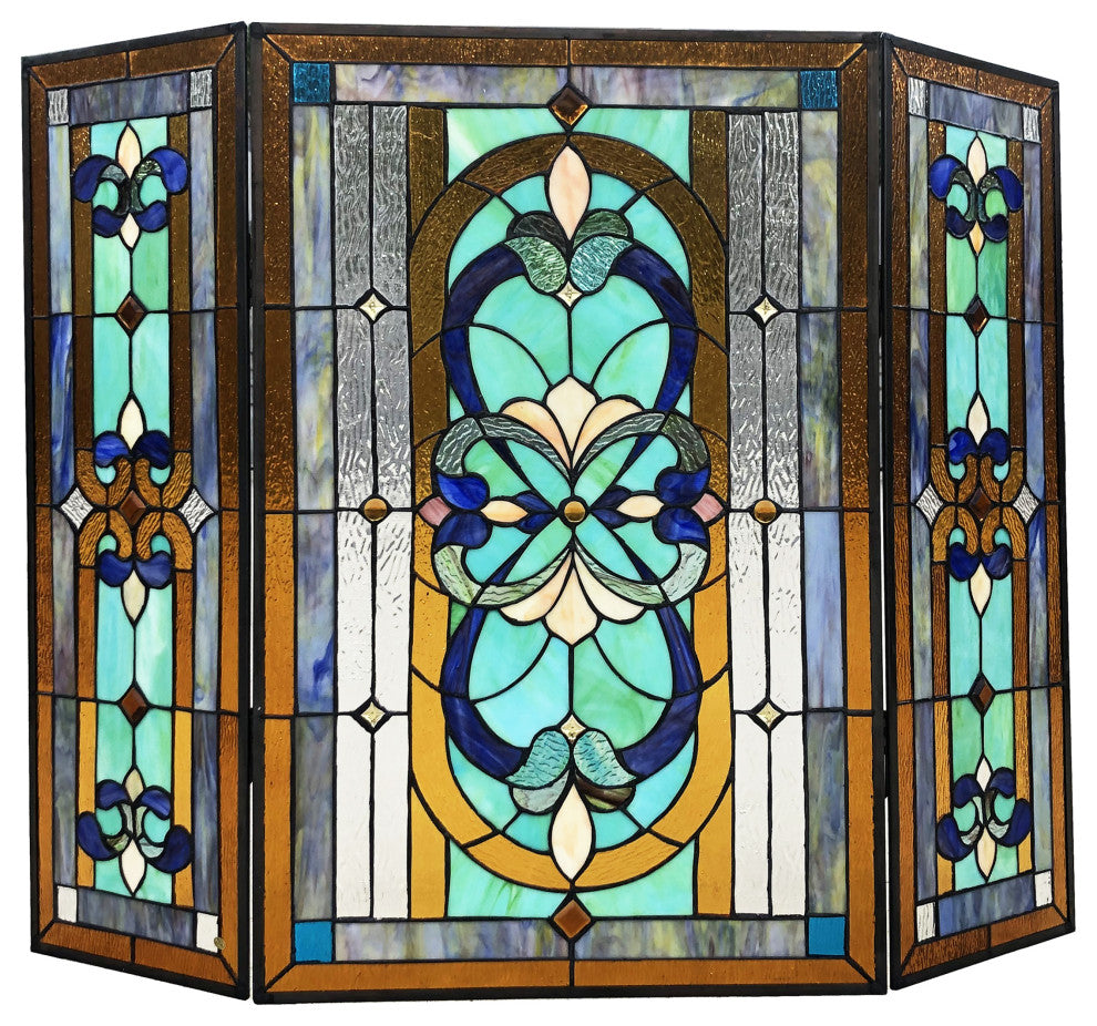 PALACE Tiffany-Style 3-Piece Folding Victorian Glass Fireplace Screen, 40"
