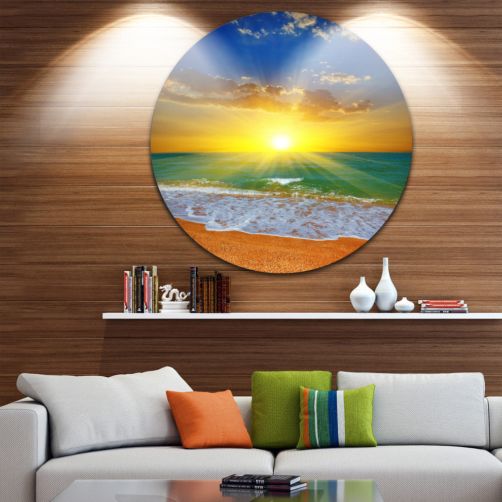 Dramatic Seashore Sky In Yellow, Modern Beach Disc Metal Artwork, 11"