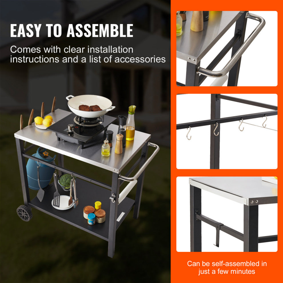 VEVOR Outdoor Grill Dining Cart Double-Shelf BBQ Movable Food Prep Trolley Patio