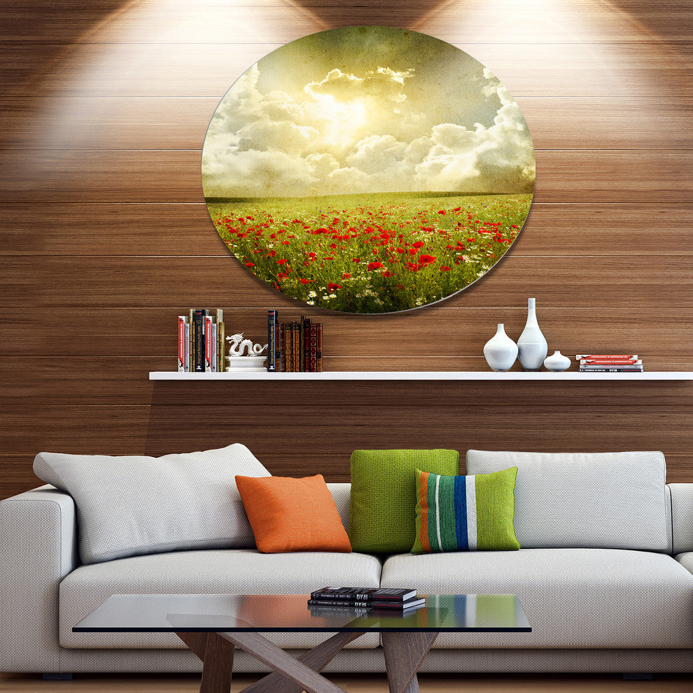 Wild Poppies On Cloudy Background, Landscape Round Wall Art, 11"