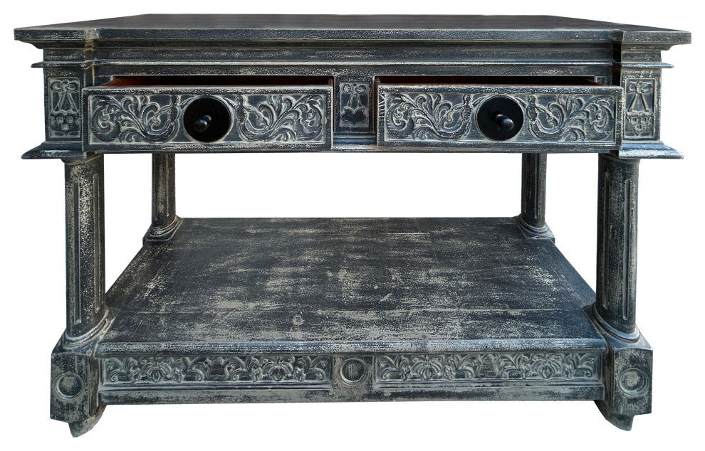 Distressed Black Gray Relief Floral Motif Tall Credenza Console Cabinet Hws4346