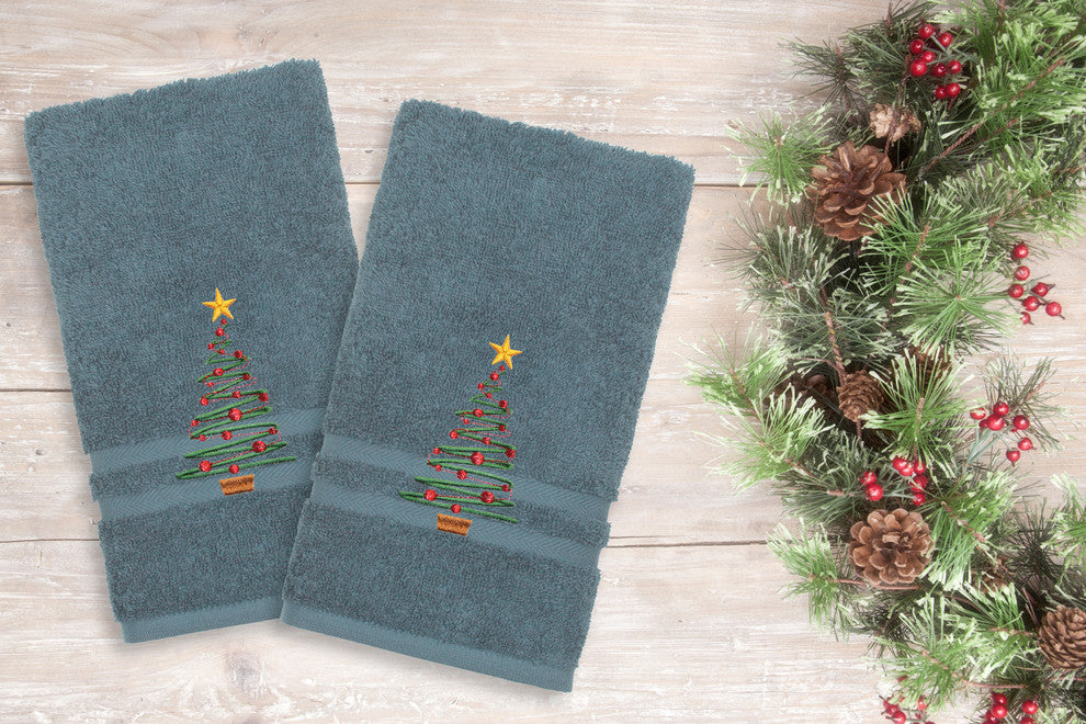 Christmas Tree, Embroidered Luxury Denzi Hand Towels, Set of 2, Denzi Blue