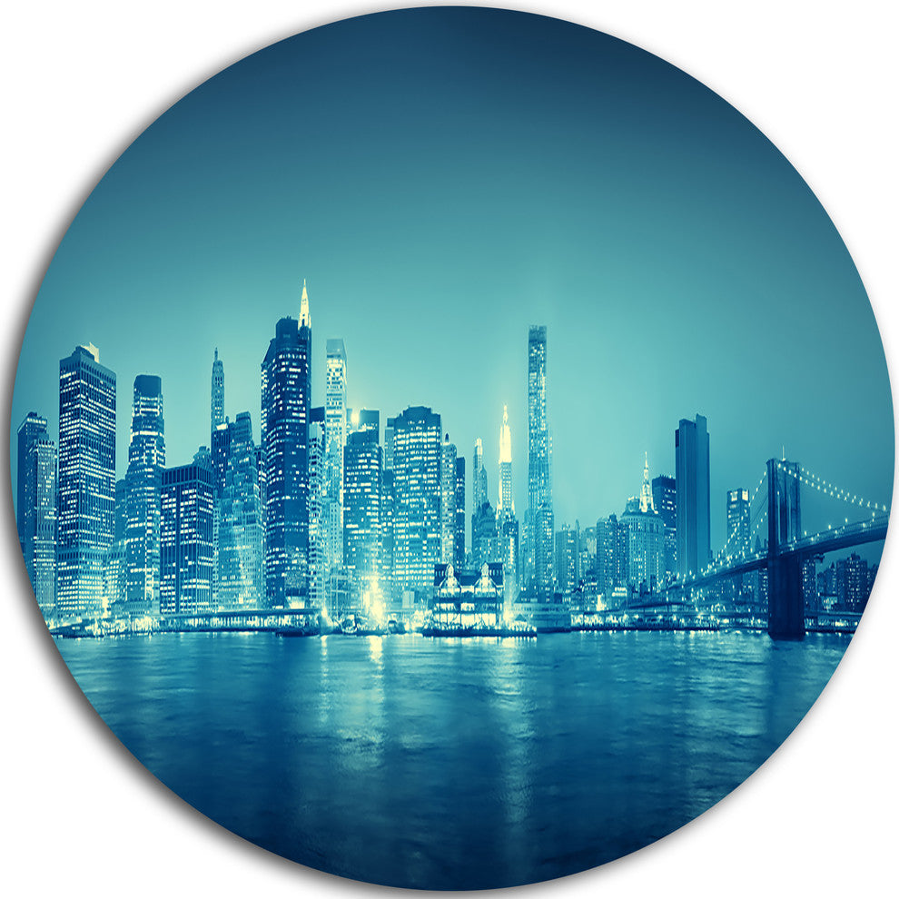 Blue New York At Night, Cityscape Digital Art Disc Metal Wall Art, 23"
