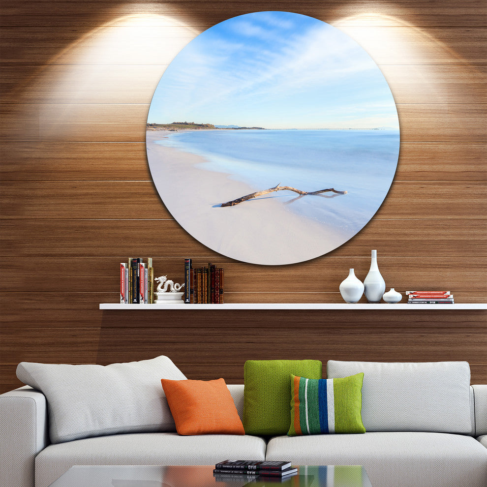 Wood Branch On White Beach, Modern Seascape Round Wall Art, 36"