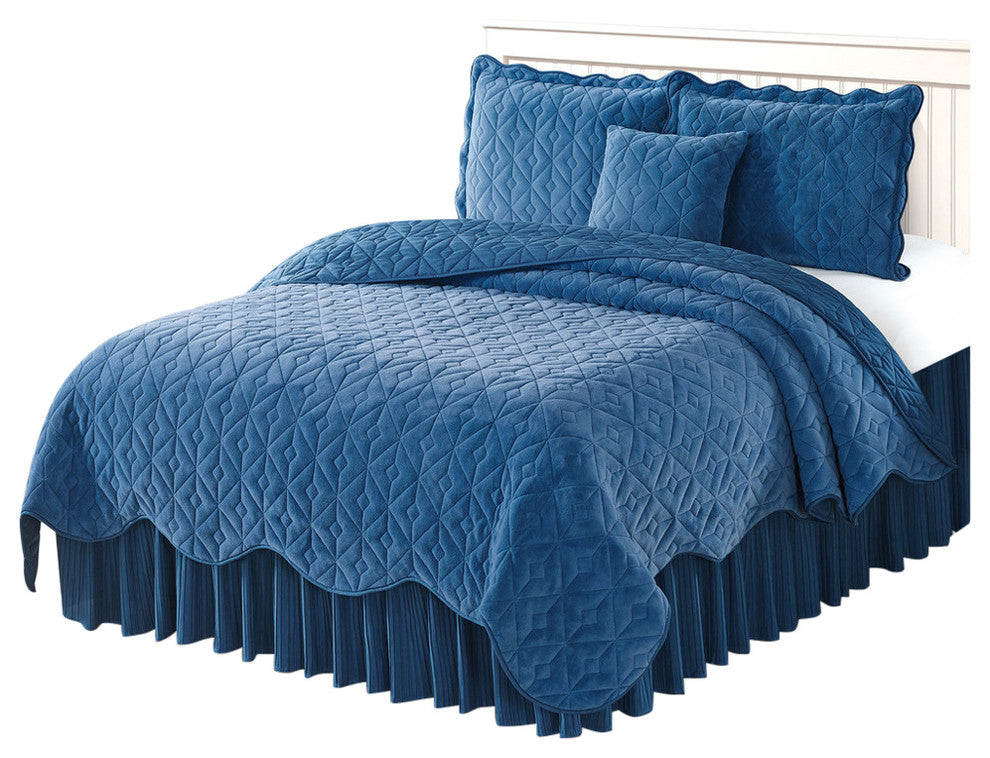 Diamond Square Quilted Coverlet 4-Piece Bedspread Set, Blue, Queen