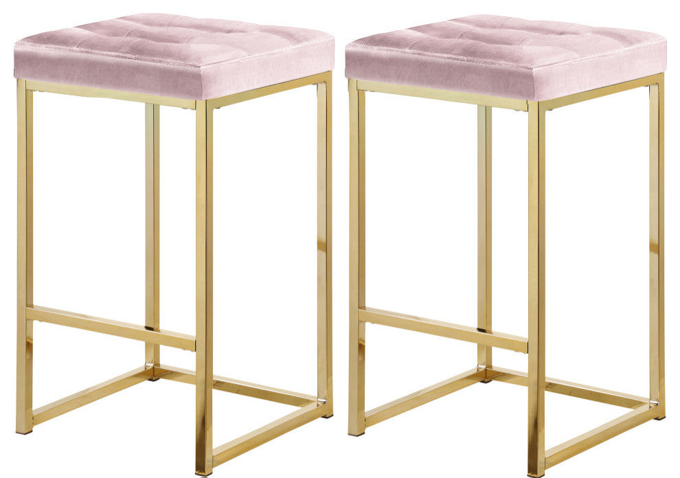 Nicola Counter Stool, Set of 2, Pink, Velvet, Gold Base