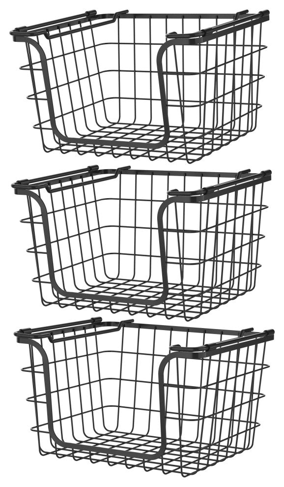 Oceanstar Stackable Metal Wire Storage Basket Set of 3, Black, Tall