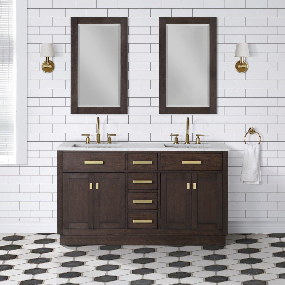 Chestnut 60" Bath Vanity, Brown Oak, Vanity With Faucet(s) With  Satin Gold Finsih Hardware