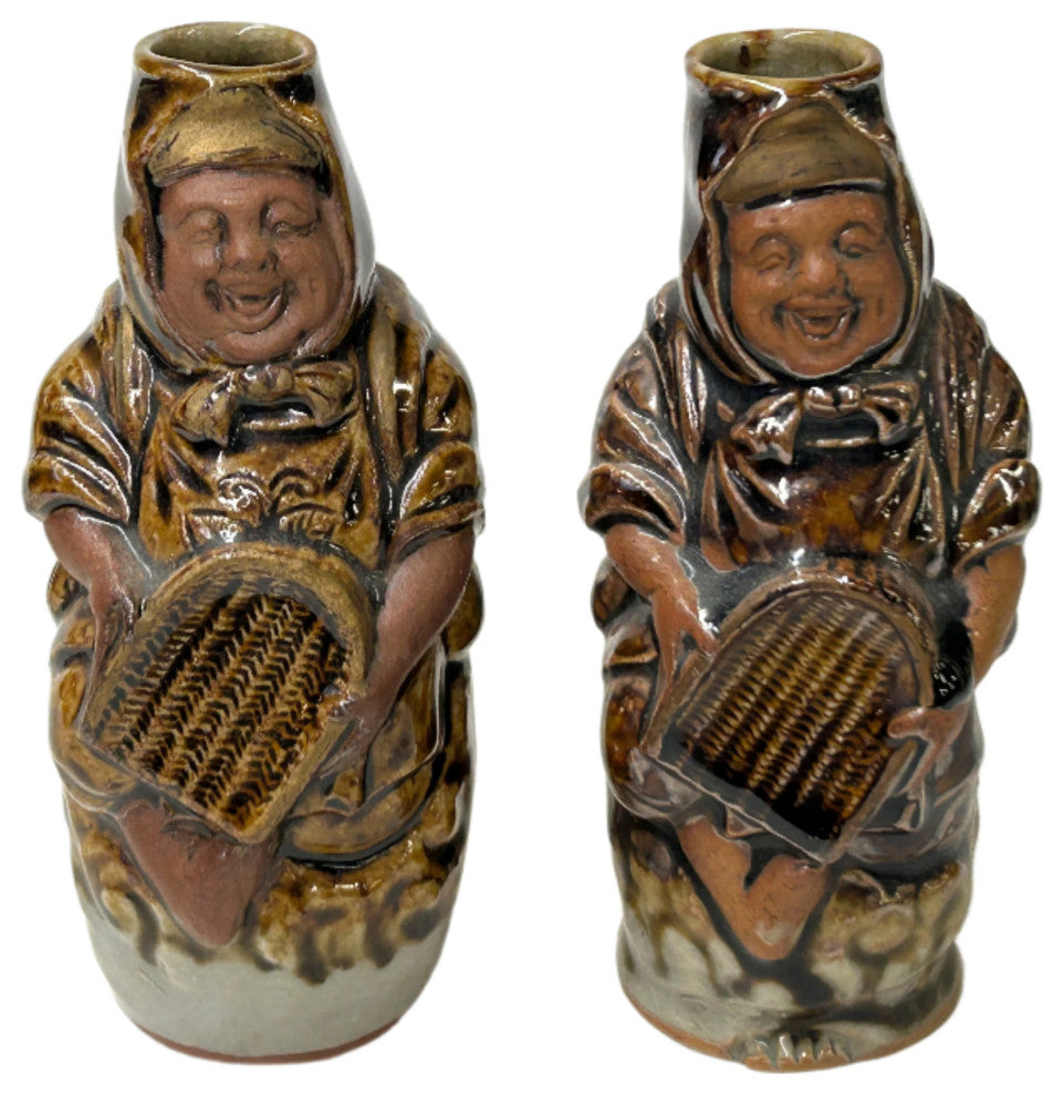 Pair Ceramic Handmade Brown Cheerful Basket Holding Jovial Figure Vases