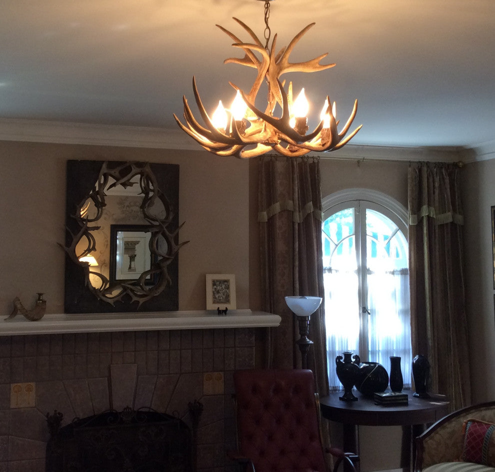 Whitetail Deer Single Tier Antler Chandelier Light, Large, Rawhide Shades
