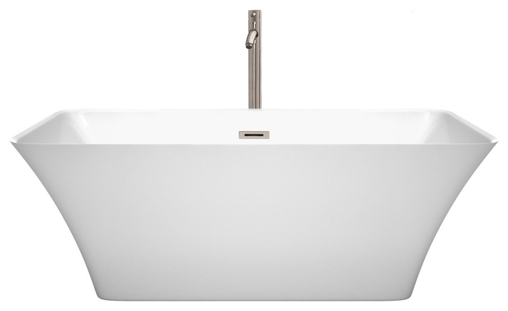 Tiffany 59" Freestanding White Bathtub, Brushed Nickel Tub Filler & Trim Kit