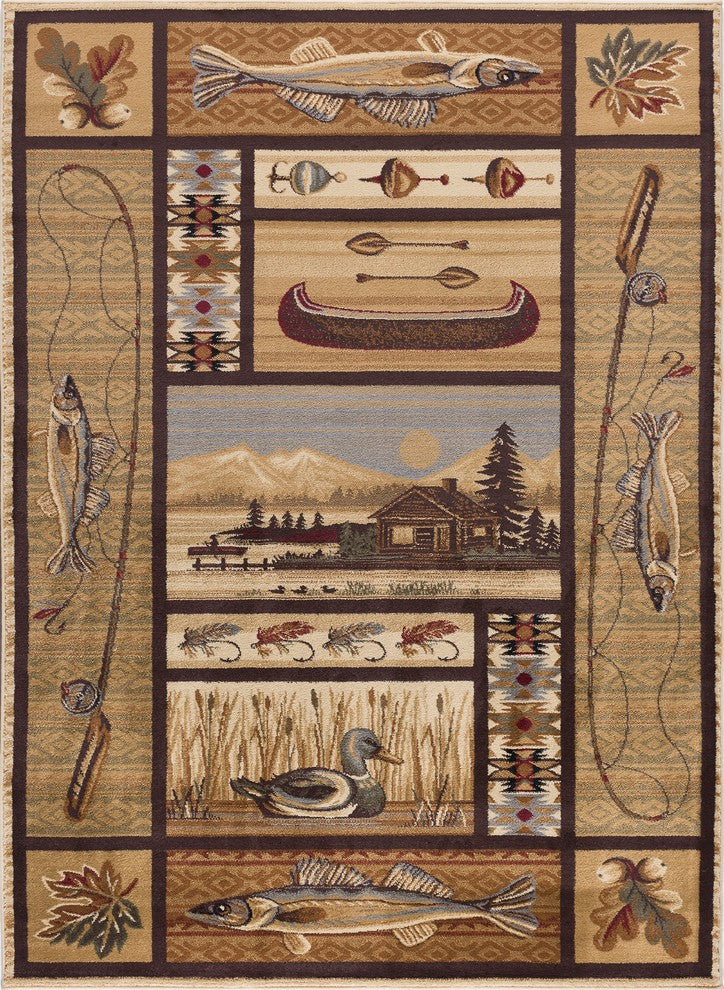 Lodge Retreat Novelty Lodge Pattern Beige Rectangle Area Rug, 5'x7'