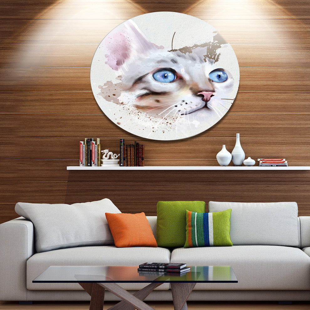 Cat With Blue Eyes Watercolor, Modern Animal Round Wall Art, 23"
