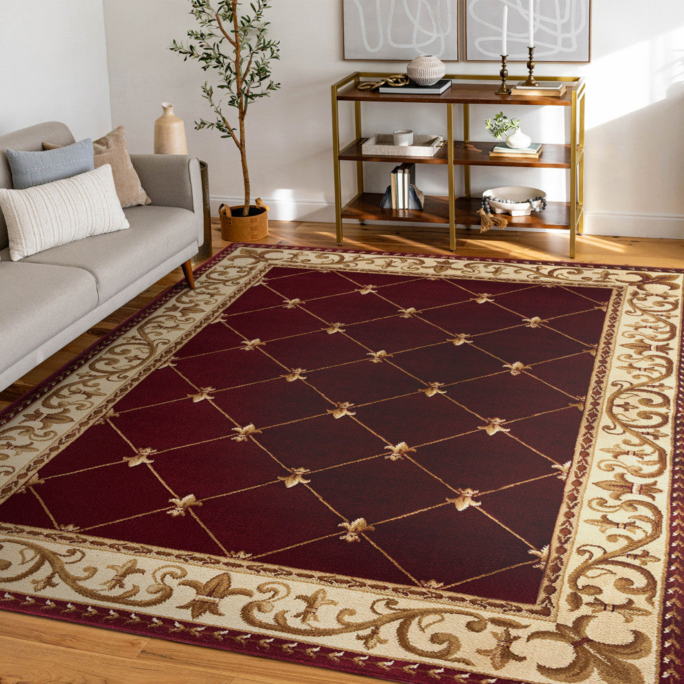 Orleans Traditional Border Area Rug, Red, 5'3"x7'3"