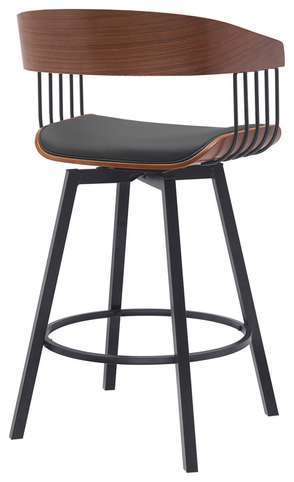 Athena Swivel Walnut Wood Counter Stool Black Faux Leather With Black Metal, 27"