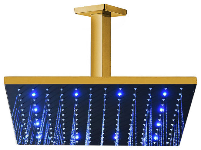 Fontana 16" Gold Plated Square Color Changing LED Rain Shower Head, Solid Brass