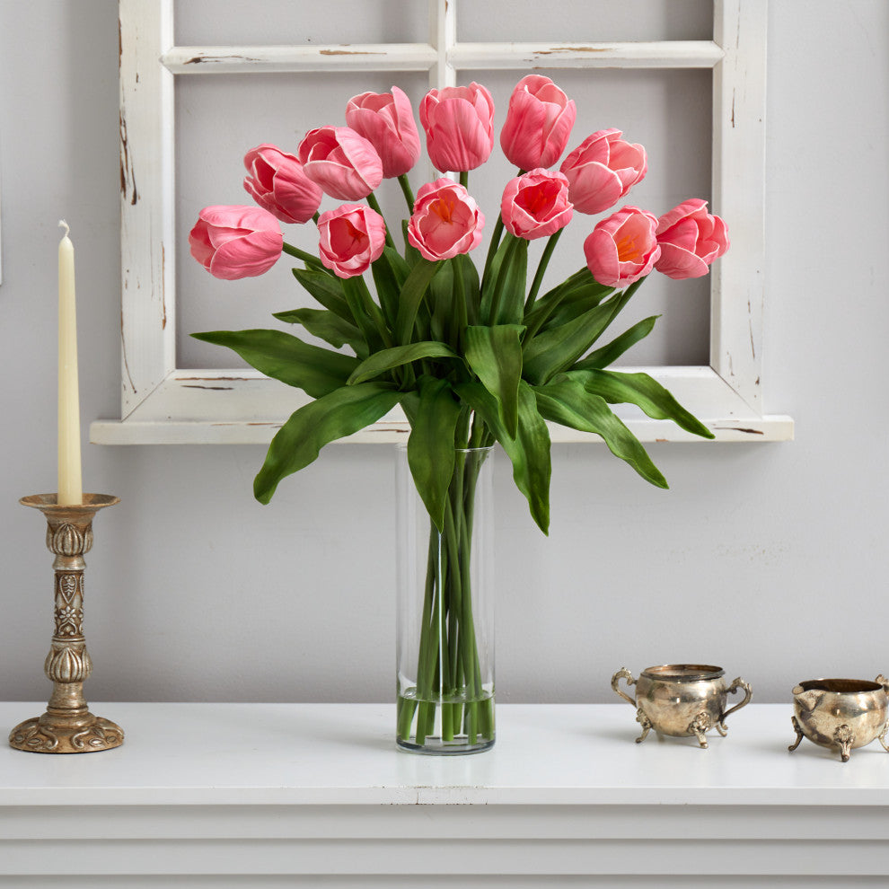 23in. Artificial Tulip Arrangement with Cylinder Glass Vase
