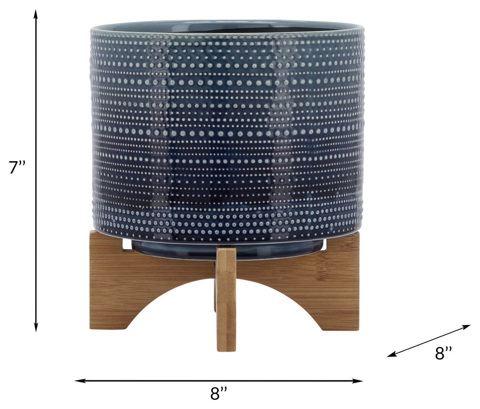 8" Dotted Planter With Wood Stand, Blue