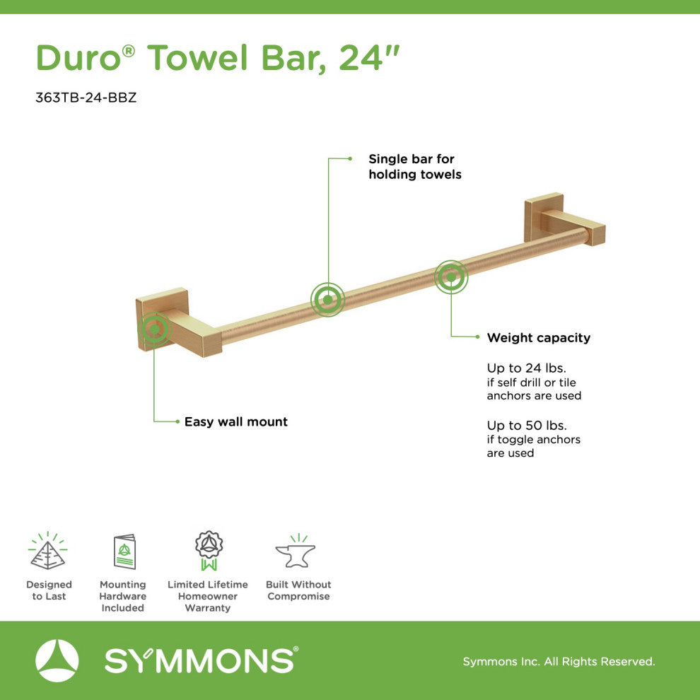Duro 24 inch Towel Bar with Mounting Hardware, Brushed Bronze