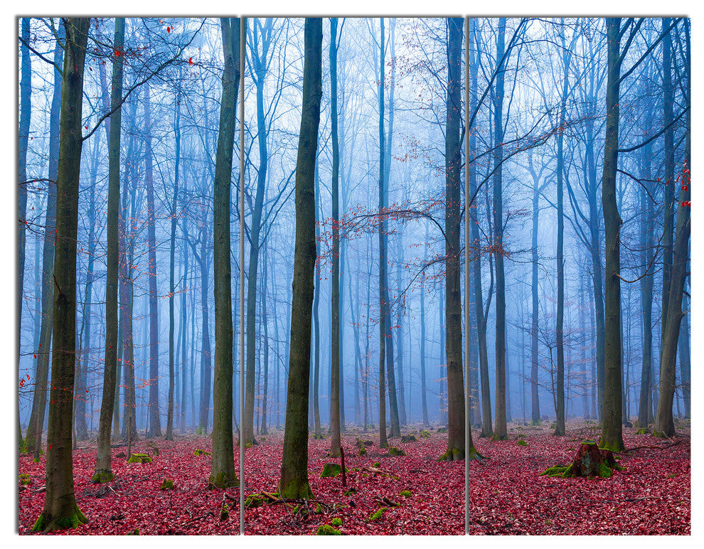 Foggy Forest in Blue and Pink Photo, Modern Forest Canvas Art, 36x28, 3 Panels