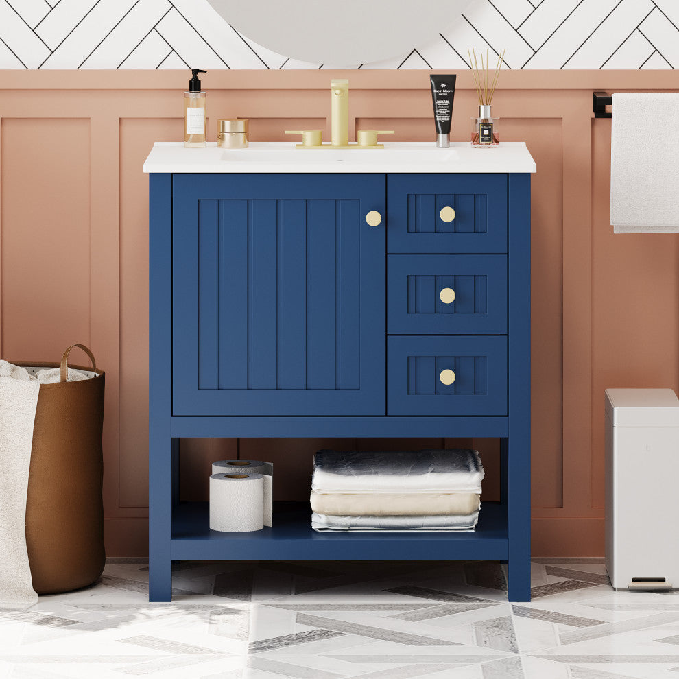 30 Inch Transitional Style Bathroom Vanity Cabinet Combo with Ceramic Sink, Blue