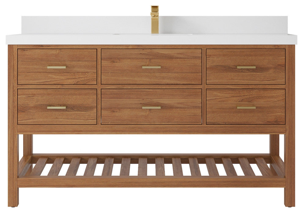 Parker Teak 60" Single Sink Bath Vanity in Golden Teak 2" White Quartz