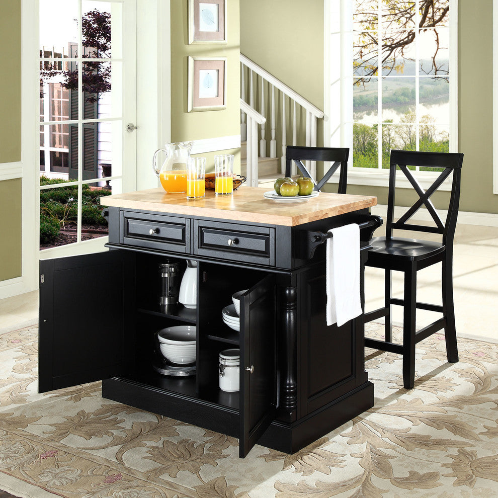 Butcher Block Top Kitchen Island in Black Finish With 24"x-Back Stools