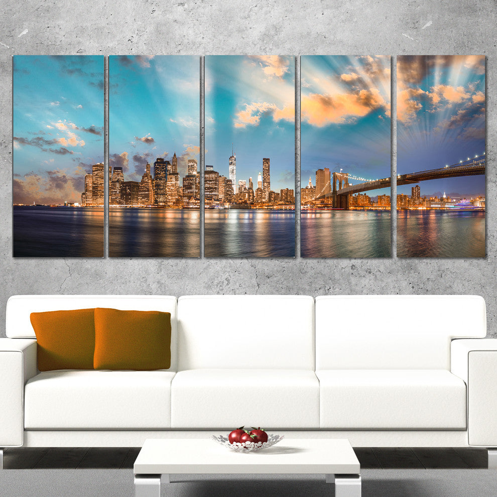 "Dramatic Sky Over Manhattan City" Canvas Print60"x28", 5-Panels