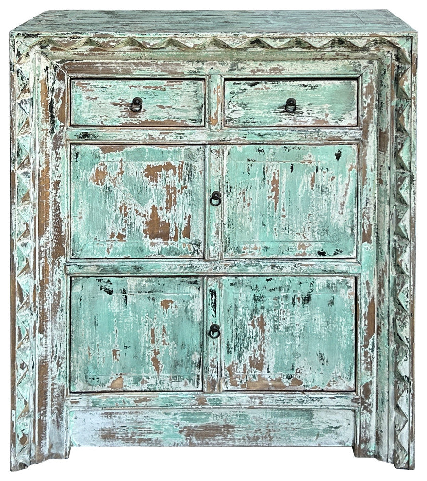 Distressed Turquoise Green Geometric Edge Credenza Storage Cabinet