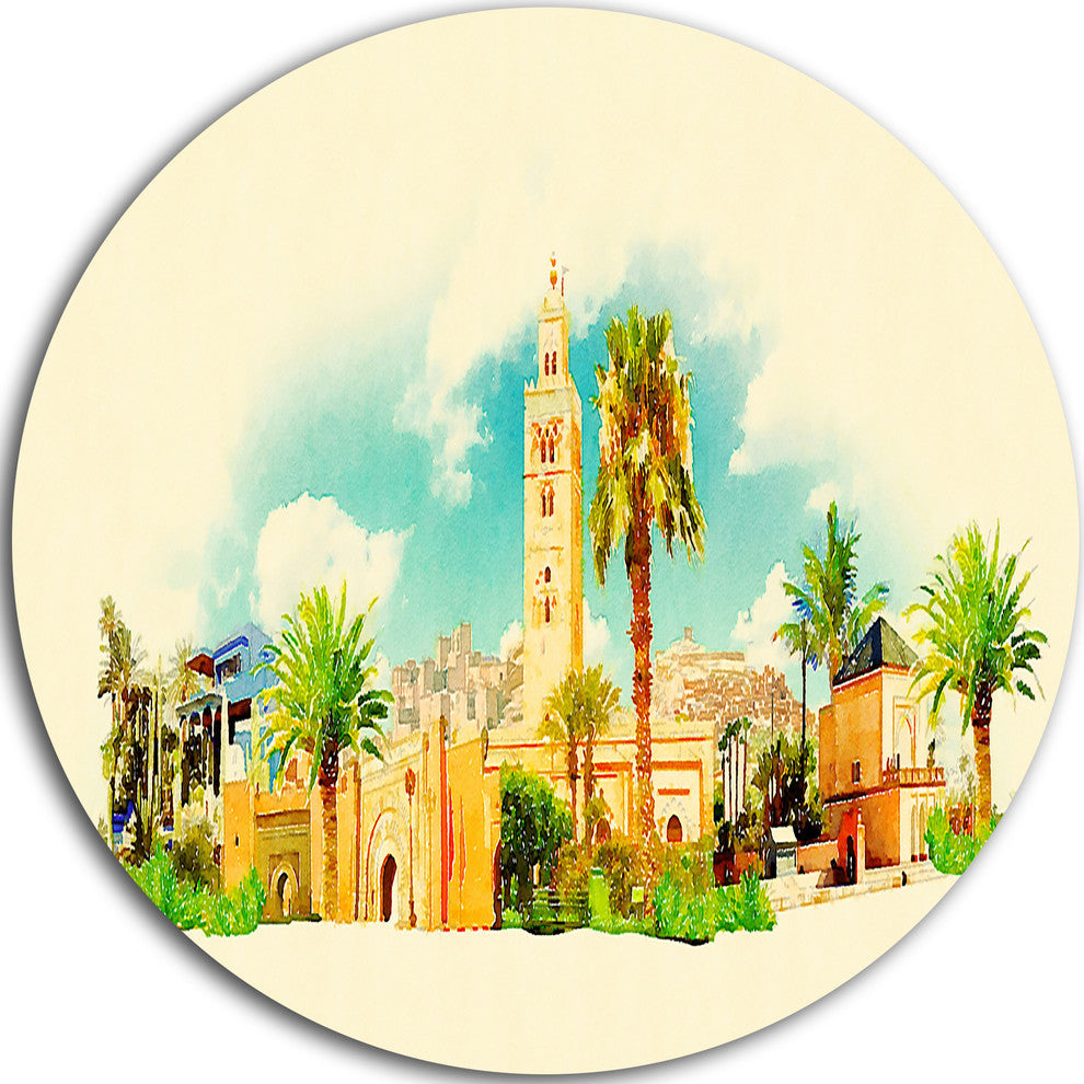 Marakesh Panoramic View, Cityscape Watercolor Disc Metal Wall Art, 11"